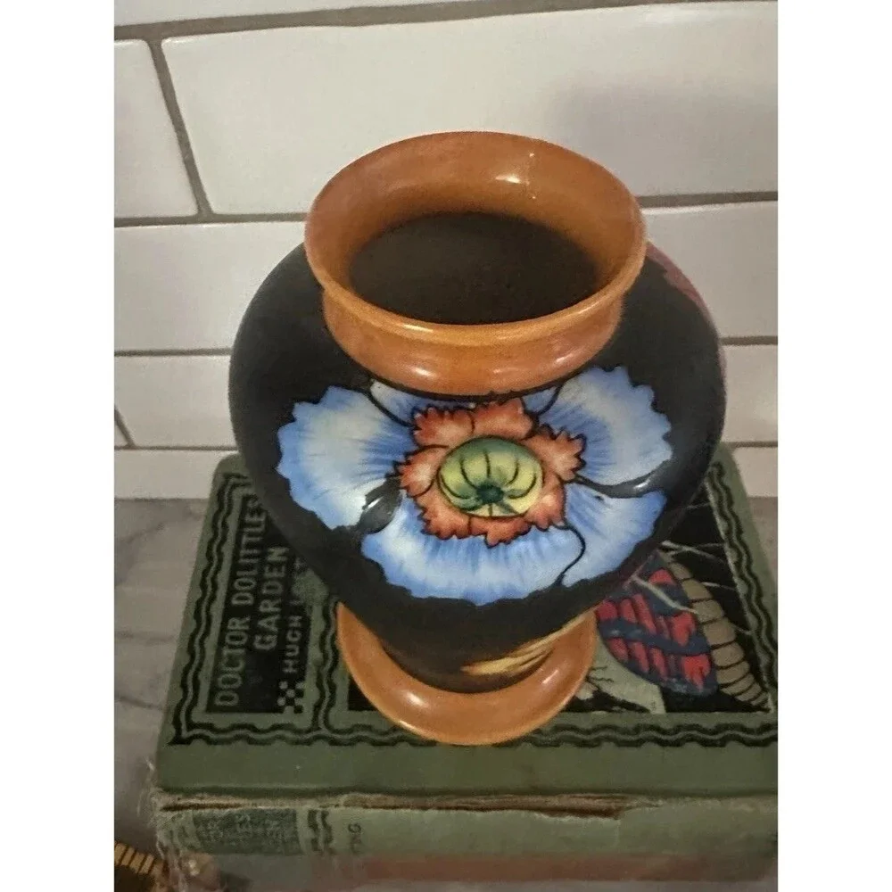 Orange Blue Red Poppy Black Flora Vase Japan Hand Painted 6.5”